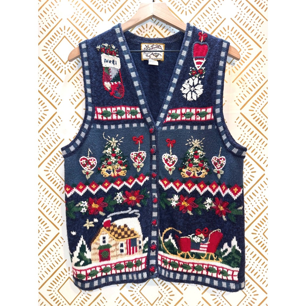 Vintage Heirloom Collectibles Sweater Vest Women L Blue Christmas Holiday Cotton